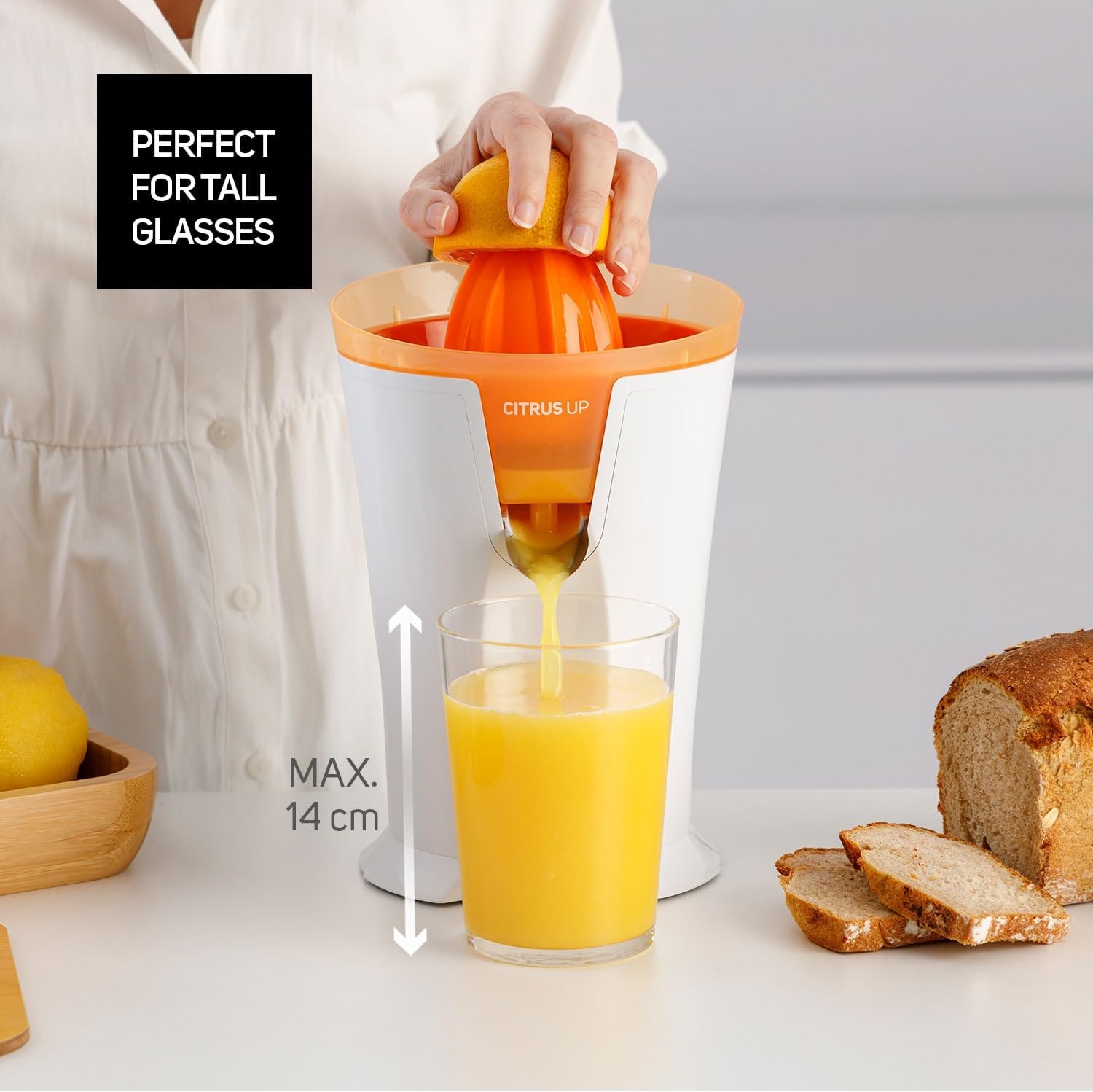 Taurus - Citrus Up Extra Tall Juicer | 40W | Continuous Flow | 2 Extractor Cones | 200ml Tank | Glasses up to 14 cm | Lockable Spout | Two-Way Rotation