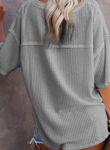 Shewin Oversized T Shirts For Women Summer Casual V Neck Short Sleeve Shirt 2023 Trendy Lightweight Waffle Knit Tunic Tops Loose Blouses Grey M #TOP4
