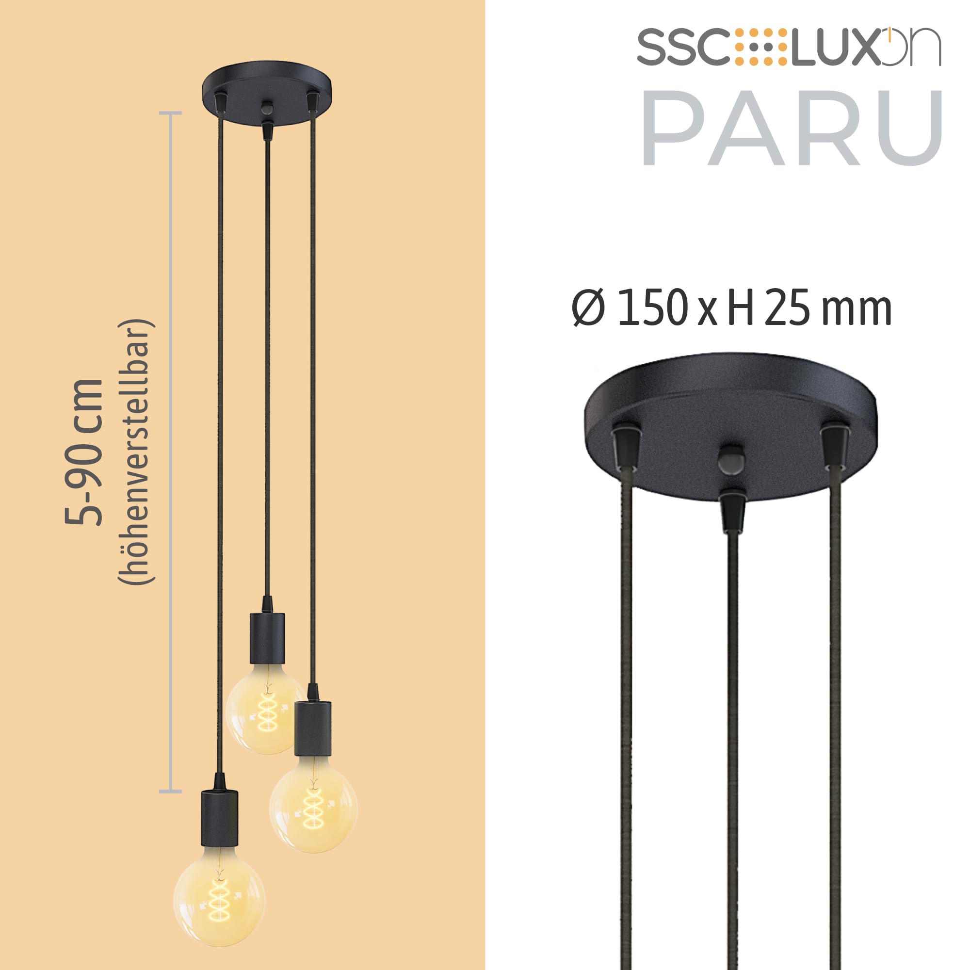 SSC-LUXon PARU Hängeleuchte 3-flammig Retro - Industrial Style Pendellampe mit Textilkabel inkl. Globe XL E27 Filament LED Lampen