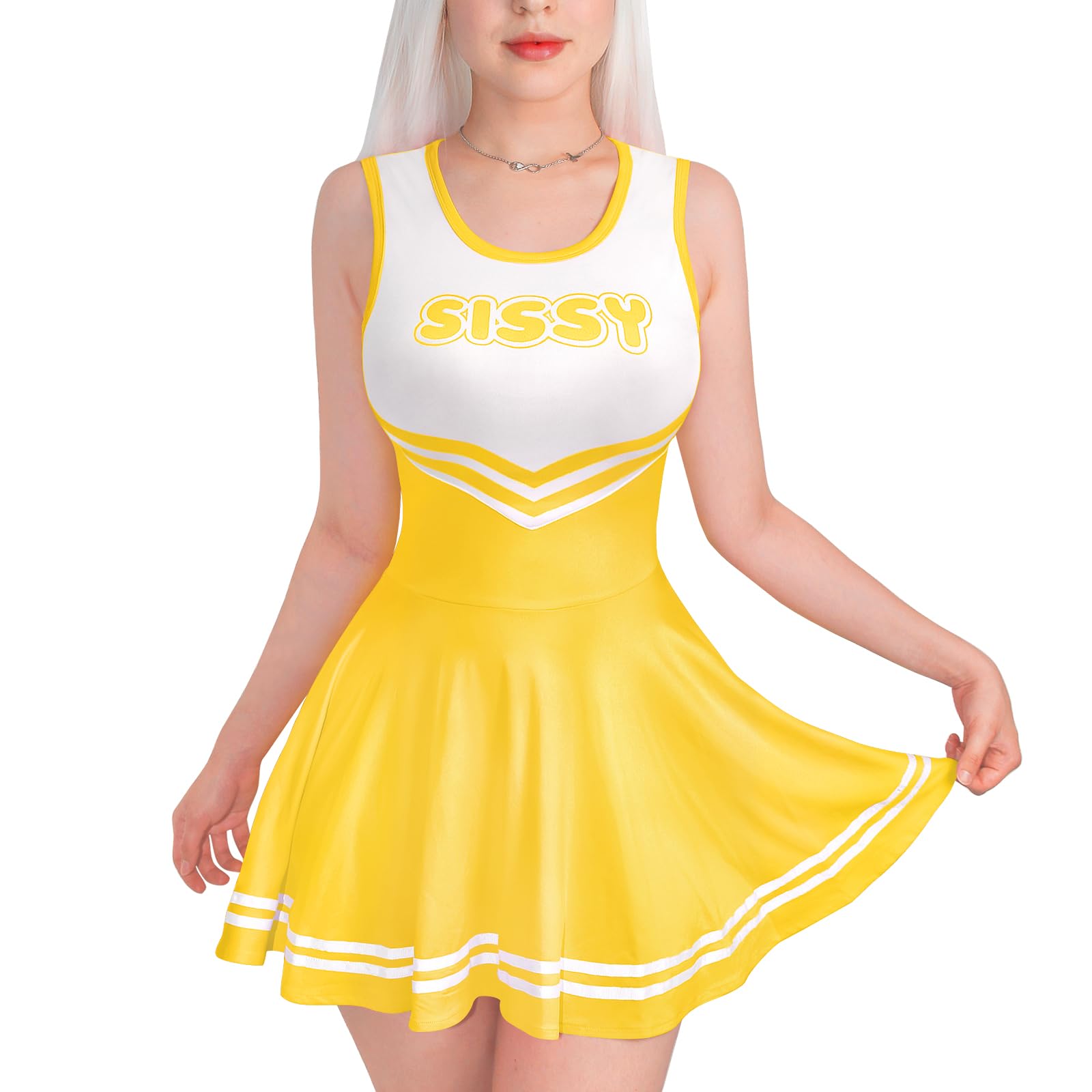 Littleforbig Women Sleeveless Overall Cheer Sissy Bodycon Mini Dress Skirt: Yellow X-Small