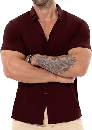 Miniatura 2 de Askdeer Camisas de ajuste muscular para hombre, sin arrugas, manga corta, casual, elástica, ajustada, con botones
