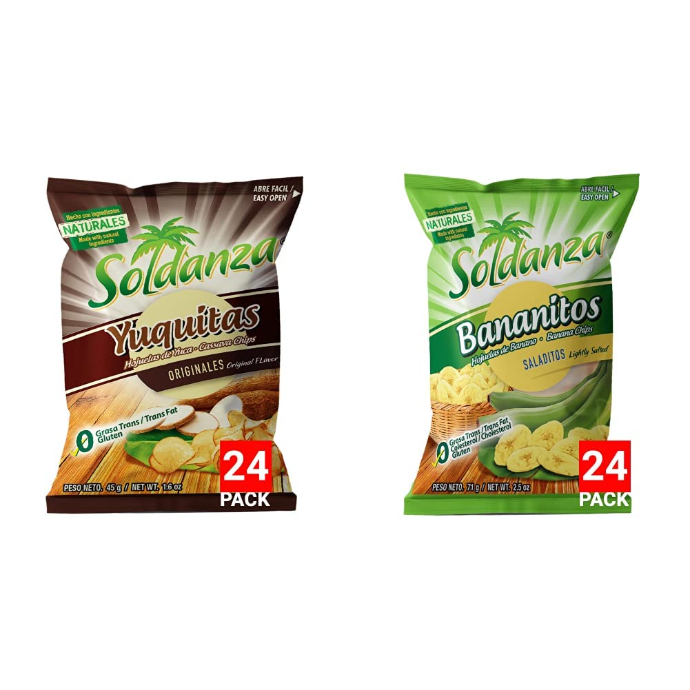 Soldanza Yuca/Cassava Chips, 1.59 Oz (Pack of 24) + Soldanza Banana Chips, 2.5 Ounce (Pack of 24)