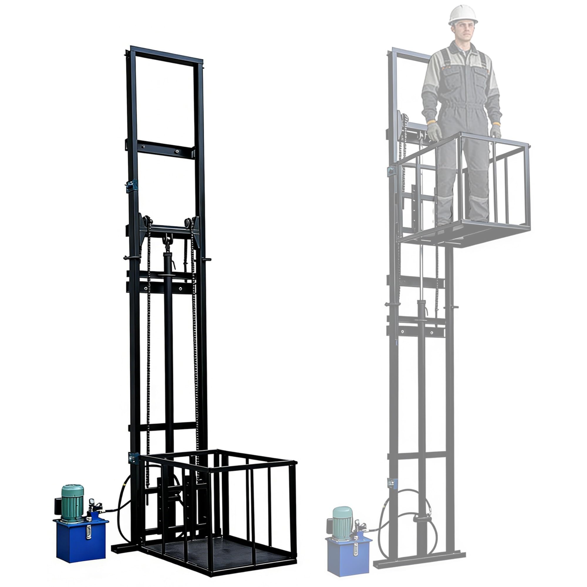 Plataforma elevadora hidráulica eléctrica 1t/2200lb, altura 2–10m, de pared con barandillas, montacargas para hogar, almacén, fábrica(Black,9.8FT/3M Height)