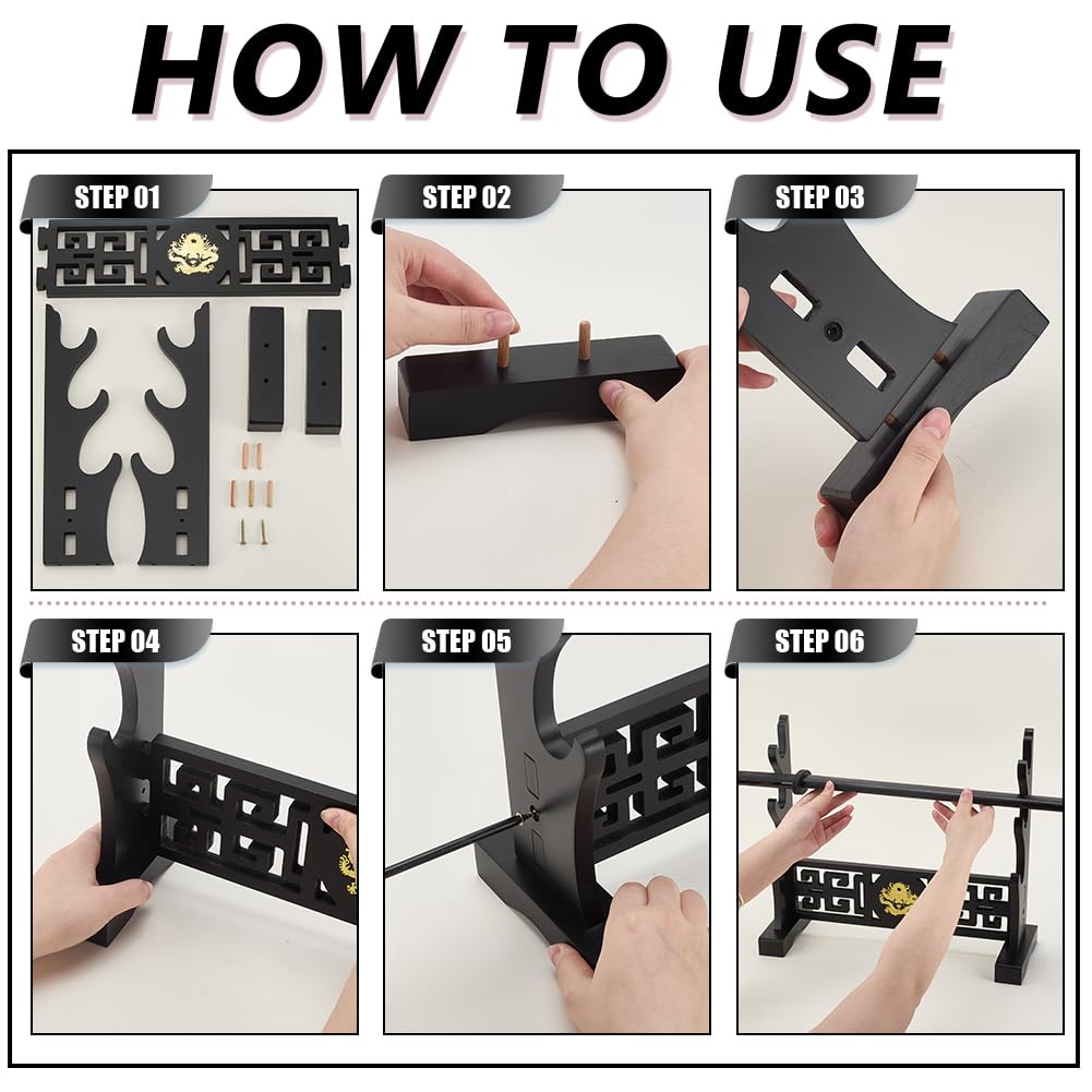 PH PandaHall Schwertständer, 3-Etagen Holz Katana Display Stand Japanischer Samurai-Schwert-Halter Display Hanger Rack mit Silberdrachen für Lichtschwert Katana Wakizashi Tanto Genji, Schwarz, 1 Pack