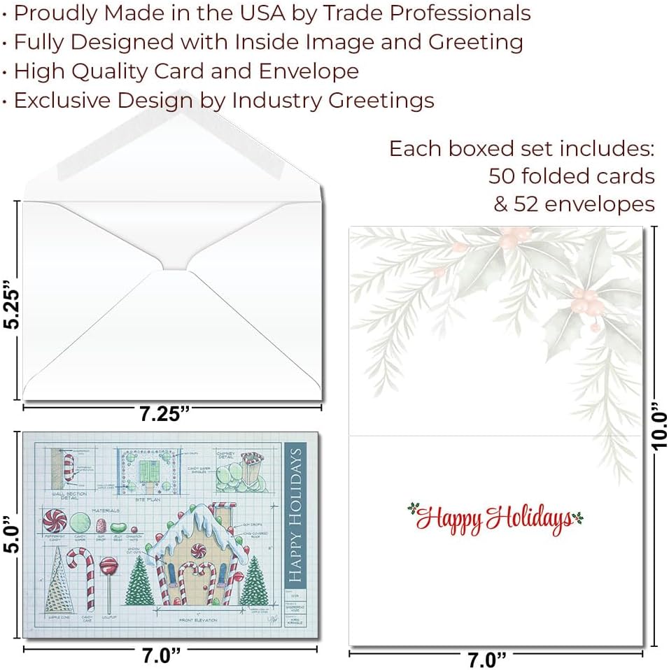 Architecture & Engineering Christmas Greeting Cards – 50-Pack Bulk Holiday Cards for Architects, Engineers, Home Builders & Contractors, Blueprint Gingerbread House Design