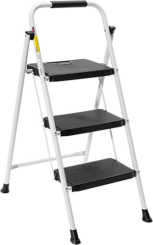 BOCOM Escalera de 3 escalones, ligera, portátil, plegable, plegable, resistente, de acero con empuñadura, pedal ancho antideslizante, capacidad de