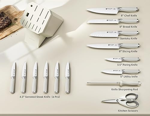 Miniatura 5 de BRODARK Juego de cuchillos de cocina de 15 piezas con bloque y varilla de afilar, juego de bloques de cuchillos de acero inoxidable alemán de espiga