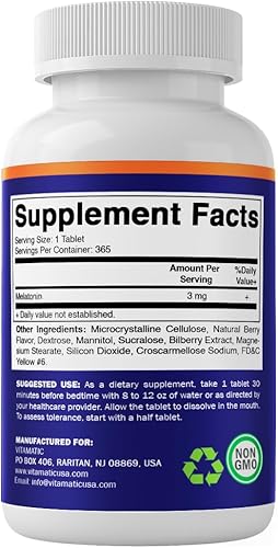Miniatura 8 de Vitamatic Tabletas de melatonina de 3 mg  Vegetariano, sin OMG, sin gluten  1 año de suministro  Sabor natural a bayas - 365 tabletas - Paquete de 2