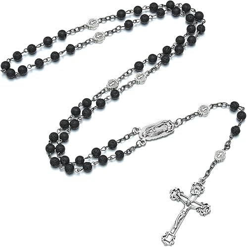 SALOMOCA Collar de rosario de cuentas con crucifijo y medalla de Nuestra Señora de Guadalupe, cuentas de roca volcánica negra, rosarios de oración