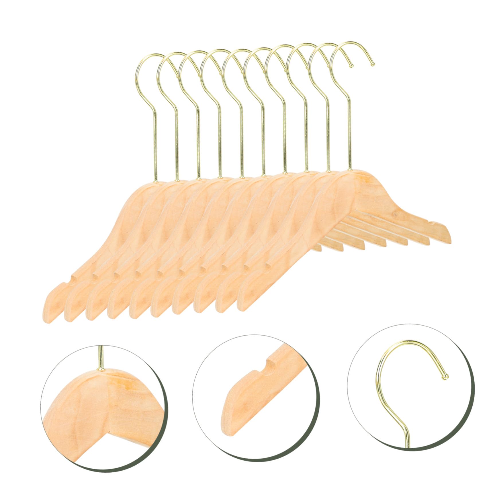 10 Perchas Infantiles de Madera sin Pintura, Gancho Dorado, Antideslizantes, Seguras para Ropa de Niños y Abrigos
