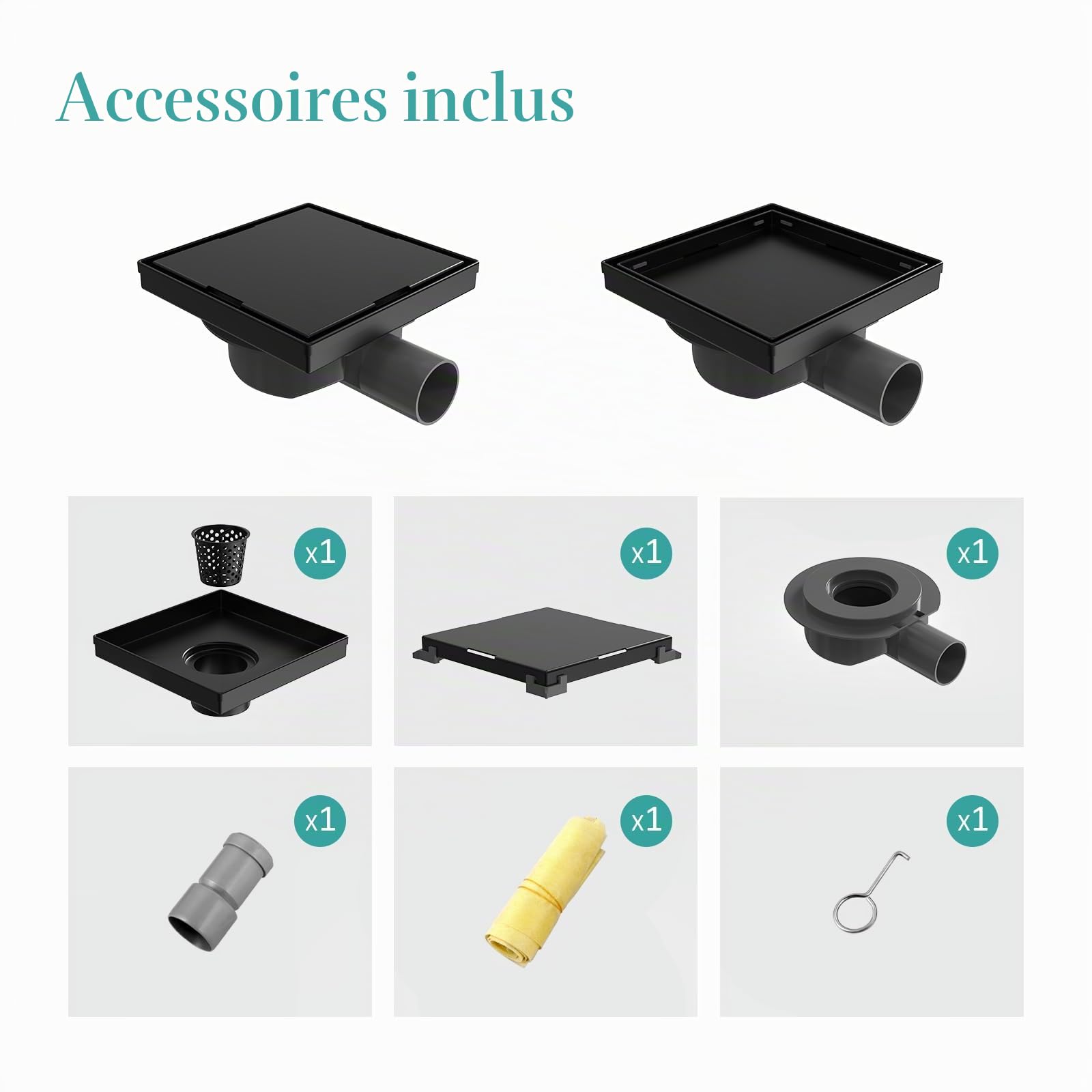 EMKE Bonde de douche avec siphon, caniveau de douche, siphon de douche, siphon anti-odeurs et tamis à cheveux, trou d'écoulement pour receveur de douche, noir