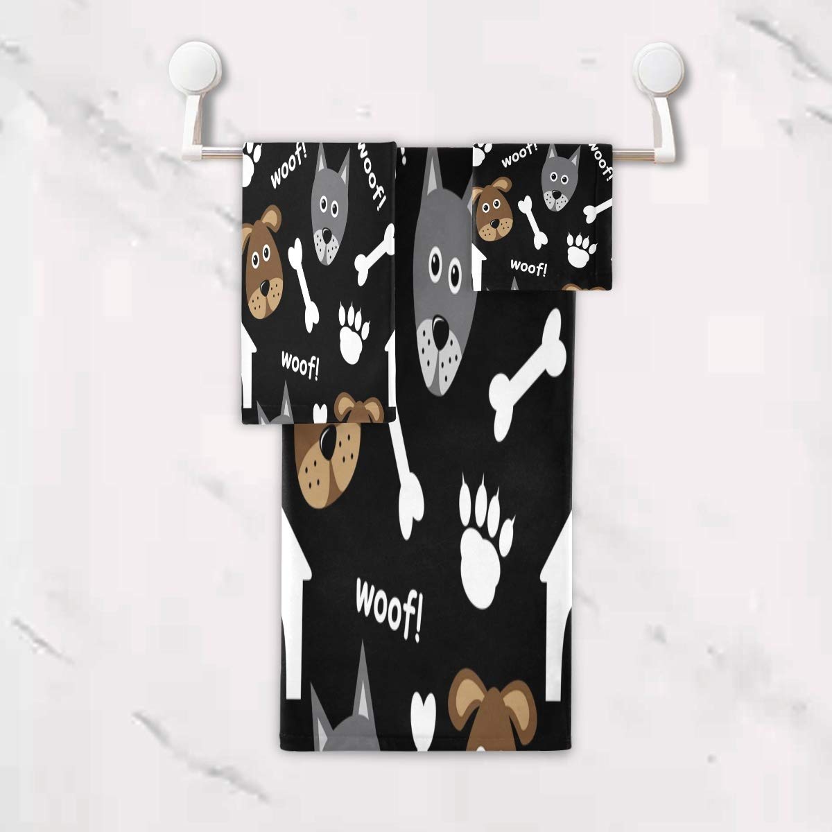 Negro Cachorro Perro Hueso Juego de Toallas para Baño Playa 100% Algodón de Piscina Toalla (1 Toalla de Baño y 1 Toalla de Mano y 1 Paño de Lavado) para Nadar Hotel Niñas Niños Niños