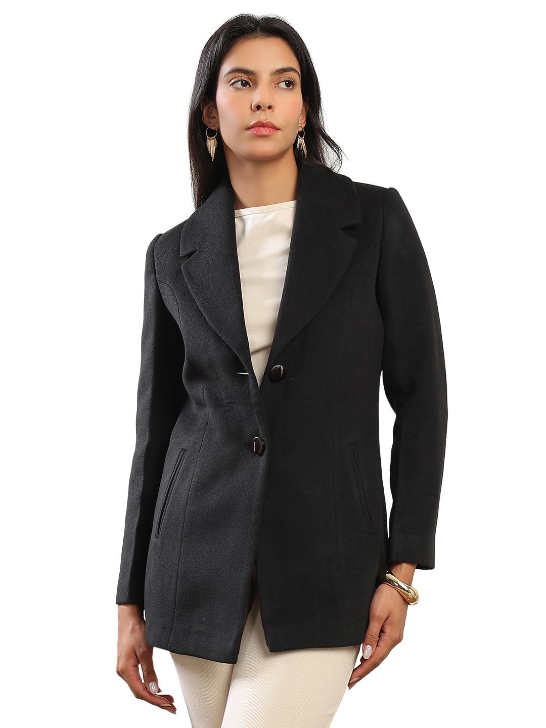 Women Notched Lapel Long Sleeves Solid 2 Pockets Soft Functional Hip Length Winterwear Overcoat-image-34