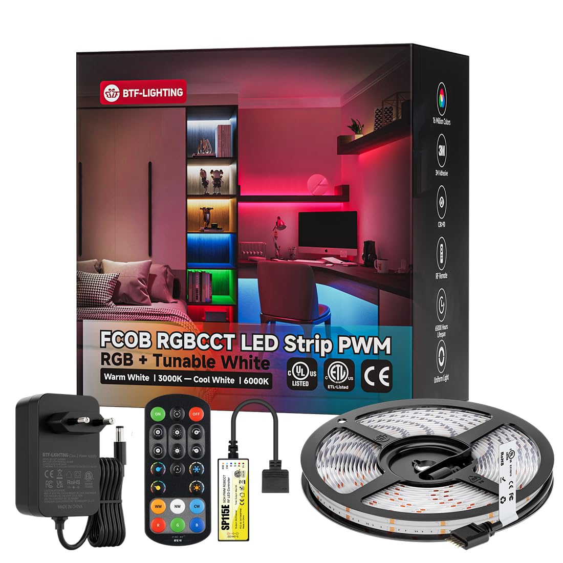 BTF-LIGHTING FCOB COB Tira LED RGBCCT Kit Completo 24V 5m 840LEDs/m | 3000K-6000K Cambio de Color, Alta Densidad Cinta LED Flexible con Controlador SP665E y Fuente de Alimentación