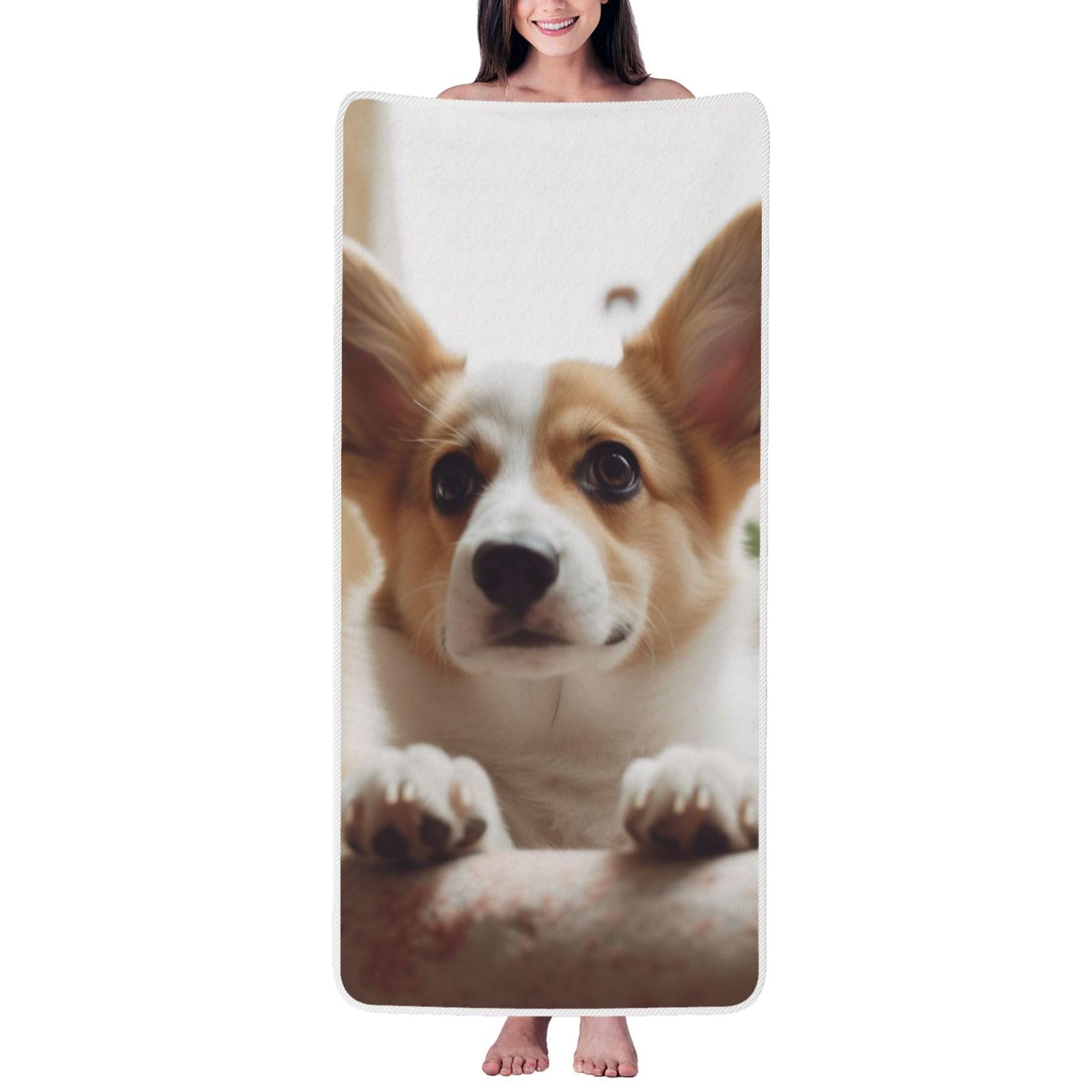 WPKJU Cute Corgi Cartoon Printed Bath Towel with White Edging - 27x55 in Soft Extra Absorbent Coral Velvet Shower Towels for Bathroom