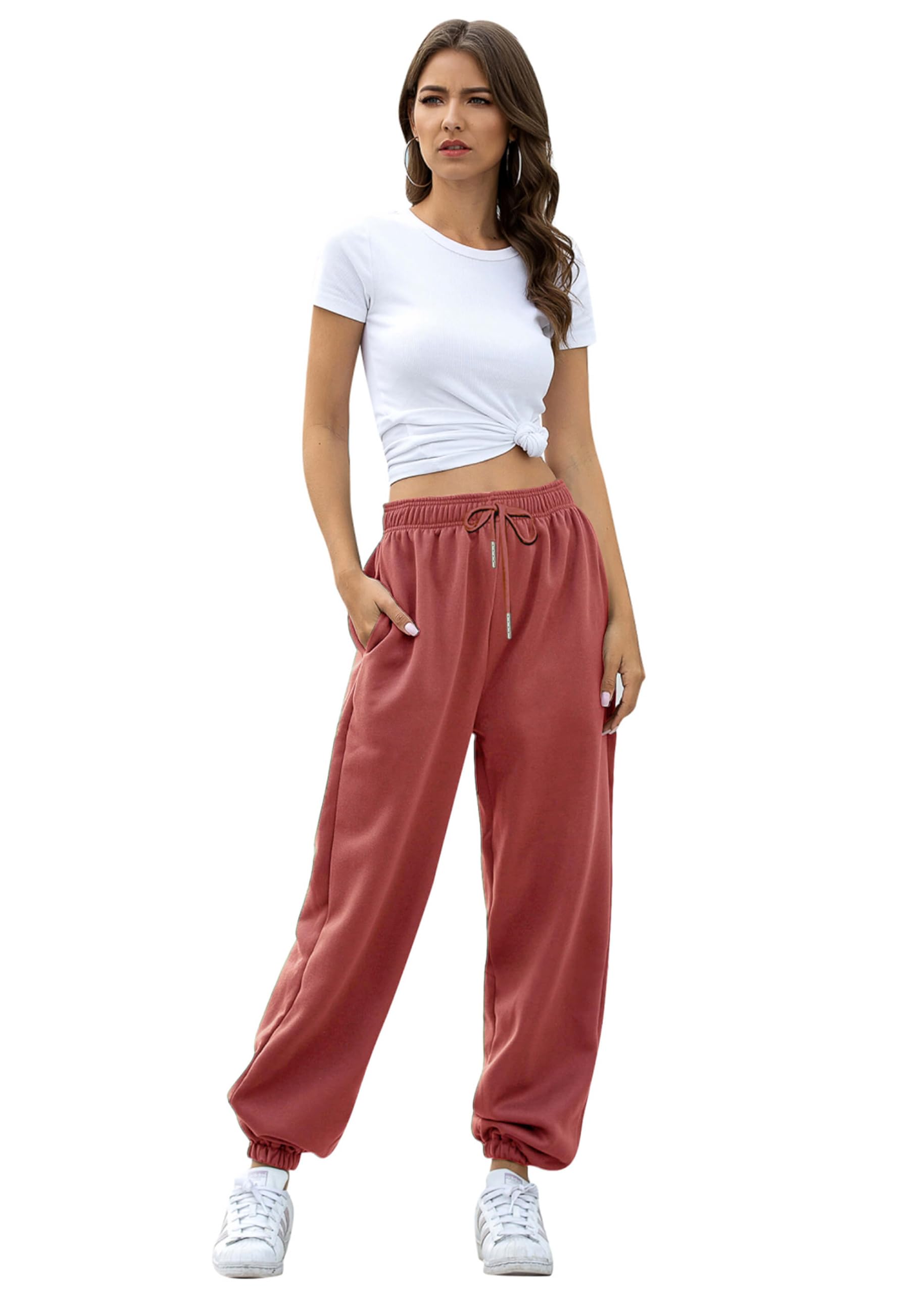 Gvraslvet Yoga Joggers for Women Soft Fleece Wide Leg Sweatpants Pockets High Waist Gym Wide Leg Big Fit Lounge Pants Brick Red M