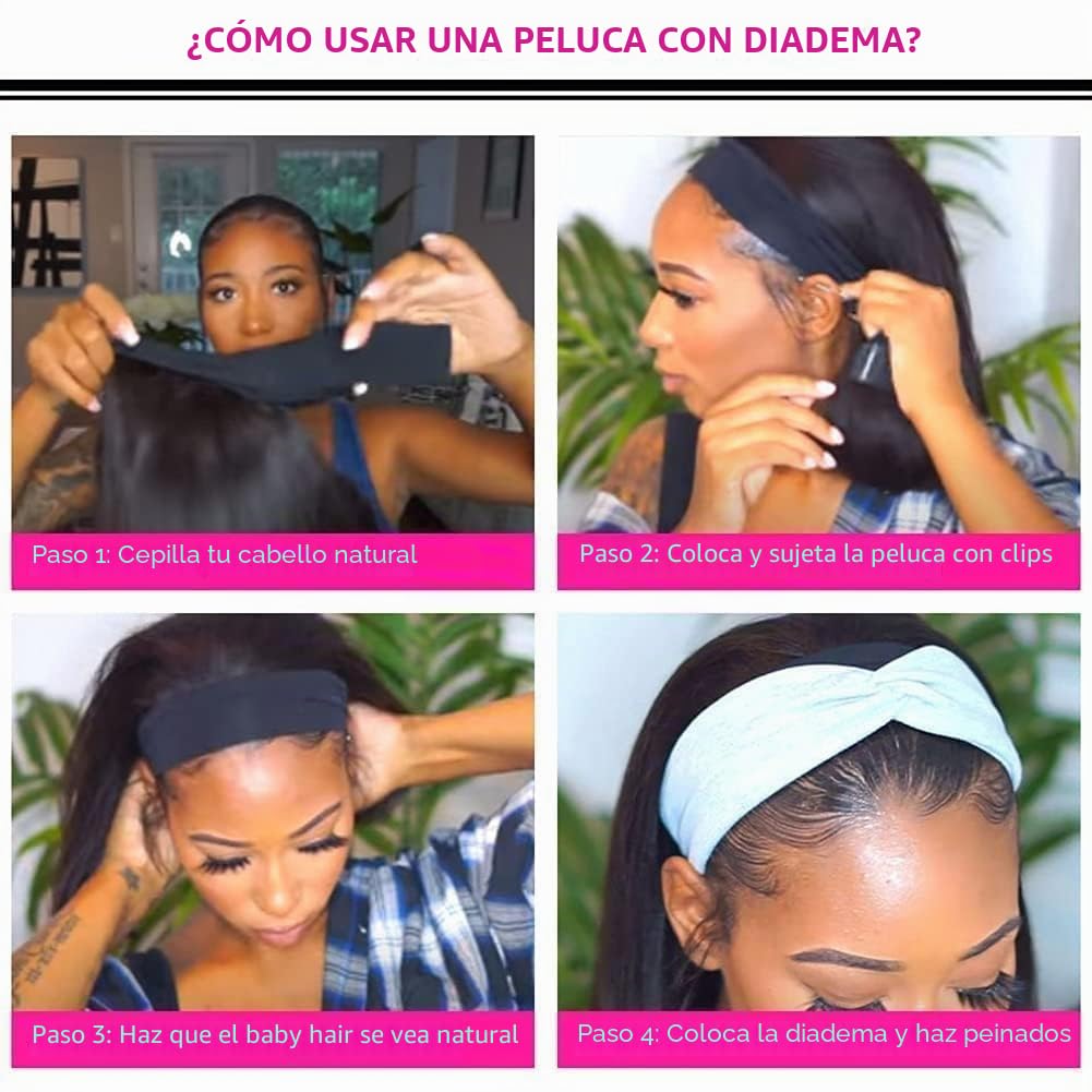 Pelucas Mujer Pelo Natural Humano Peluca de Pelo Recto Femenina Negra Straight Human Hair Headband Wig Cabello Humano con Peluca en La Cabeza 12 Inch 150% Density