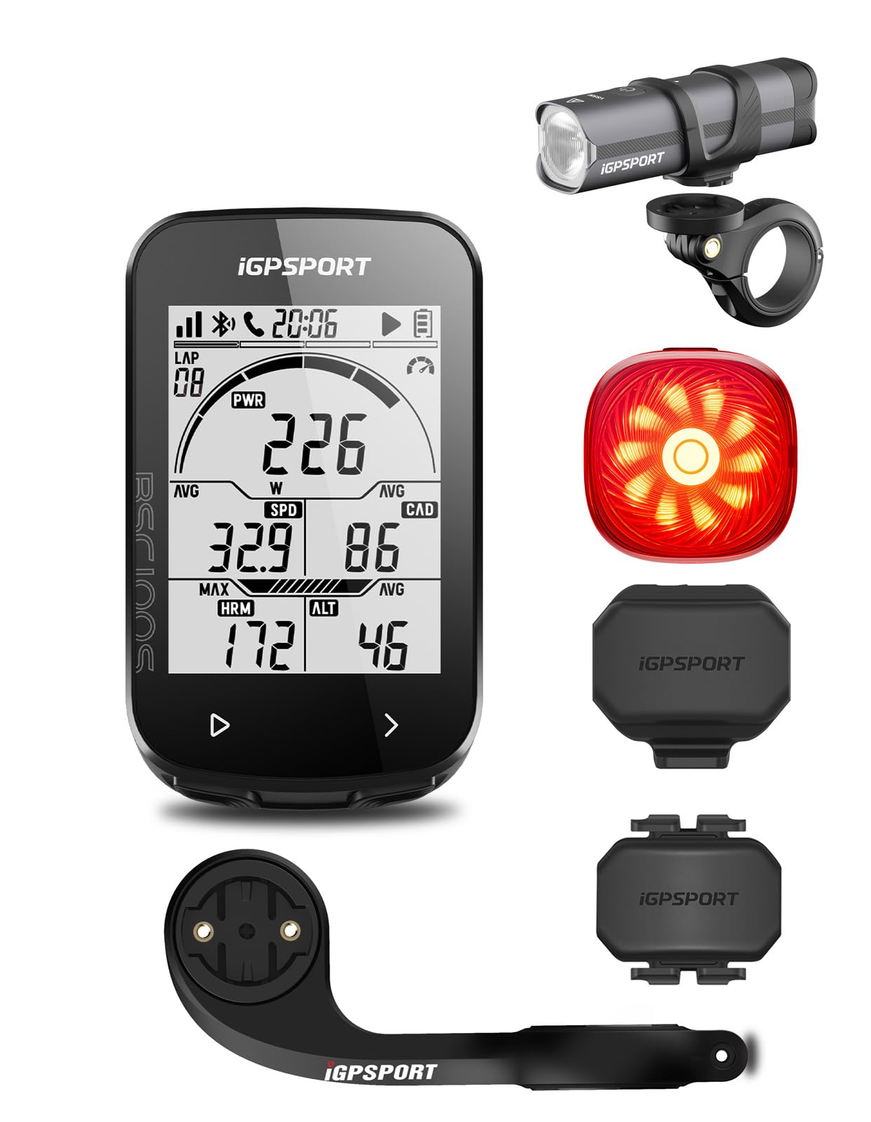 iGPSPORT BSC100S Compteur Velo sans Fil et 500 Lumens Lumiere Velo Intelligente et TL50 Feu Arriere Velo Lumiere Velo et CAD70 Capteur de Cadence+SPD70 Capteur de Vitesse et M80 Support de Vélo