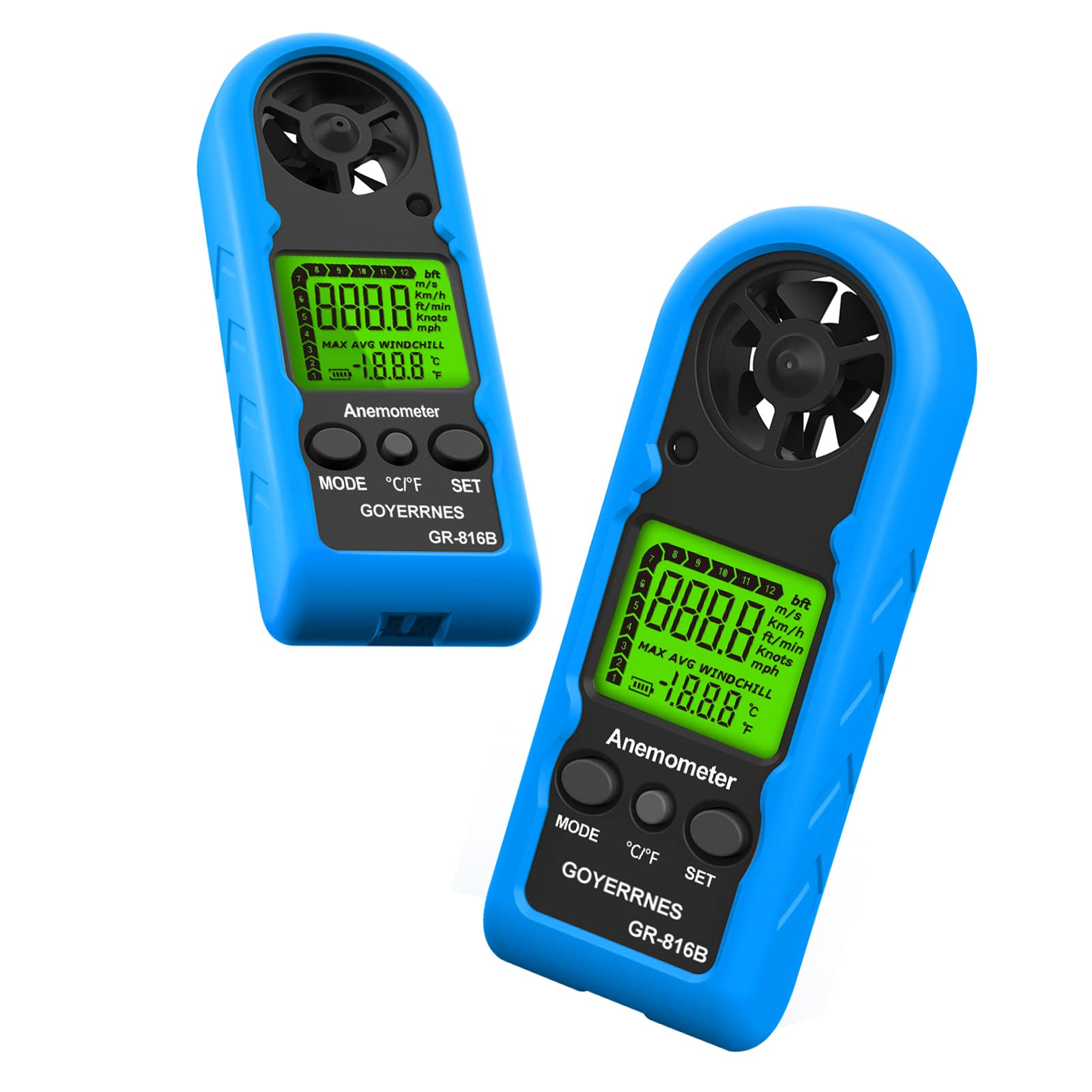 Anemometer Handheld, Mini Digital Wind Speed Meter GR-816B Portable Air Flow Gauge Measure Wind Velocity Wind Chill & Wind Temp with MAX/AVG & Backlight for Sailing Hunting Shooting(2Pack)