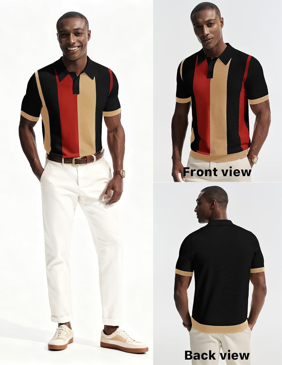 PJ PAUL JONES Mens Knitted Polo Shirts Short Sleeve Vintage Striped Shirt Casual Golf Polo Summer Vacation Beach Tops - Image 2