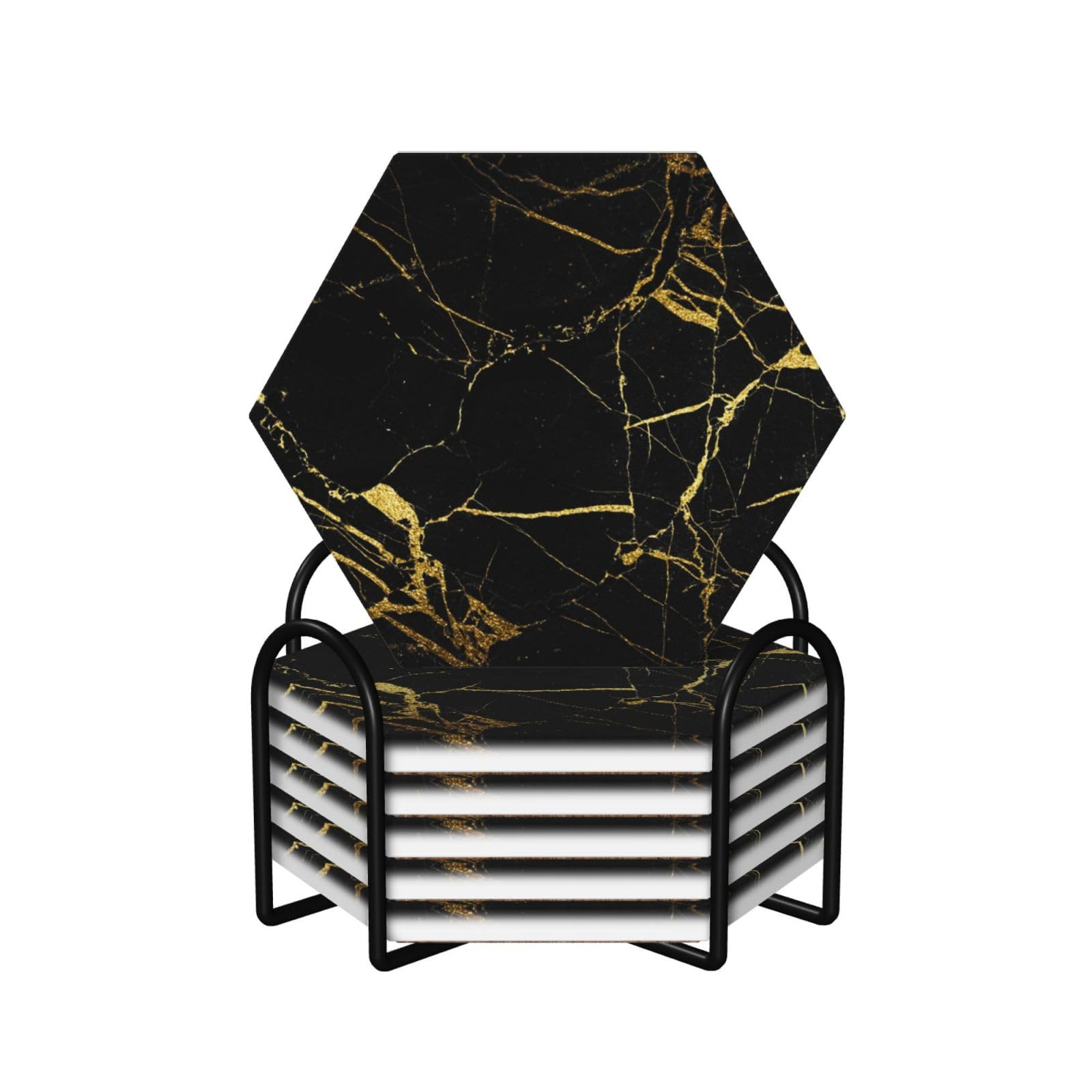 WKSGDSG Ceramic Coaster Set Of 6, Black Gold Marble Hexagon Coasters For Drinks With Cork Base And Metal Holder Absorbent Anti Slip Coasters For Coffee Table Room Bar Home Decor Housewarming Gifts