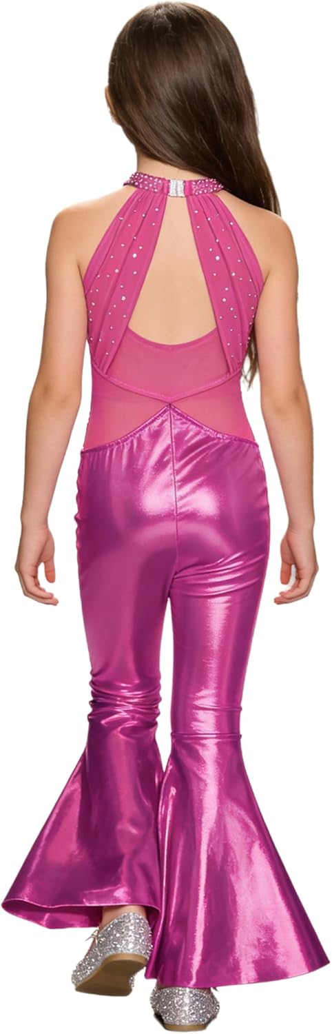 JEYPINMI Kids Girls Metallic Sequin Flare Jumpsuit Sparkly Pageant Party Disco Dance Bell Bottom Romper