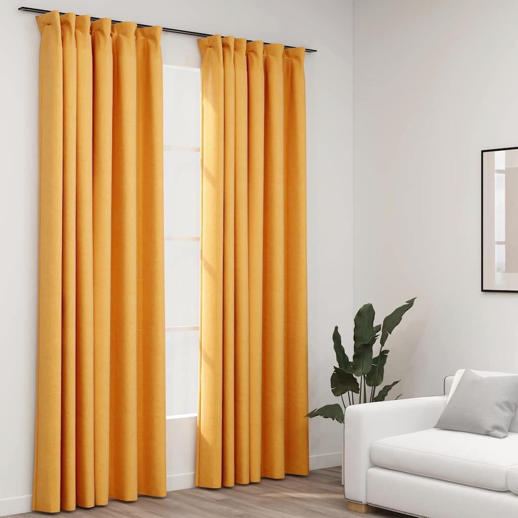 WKIEQACO Home & Garden,Furniture-Linen-Look Blackout Curtains with Hooks 2 pcs Yellow 140x245 cm