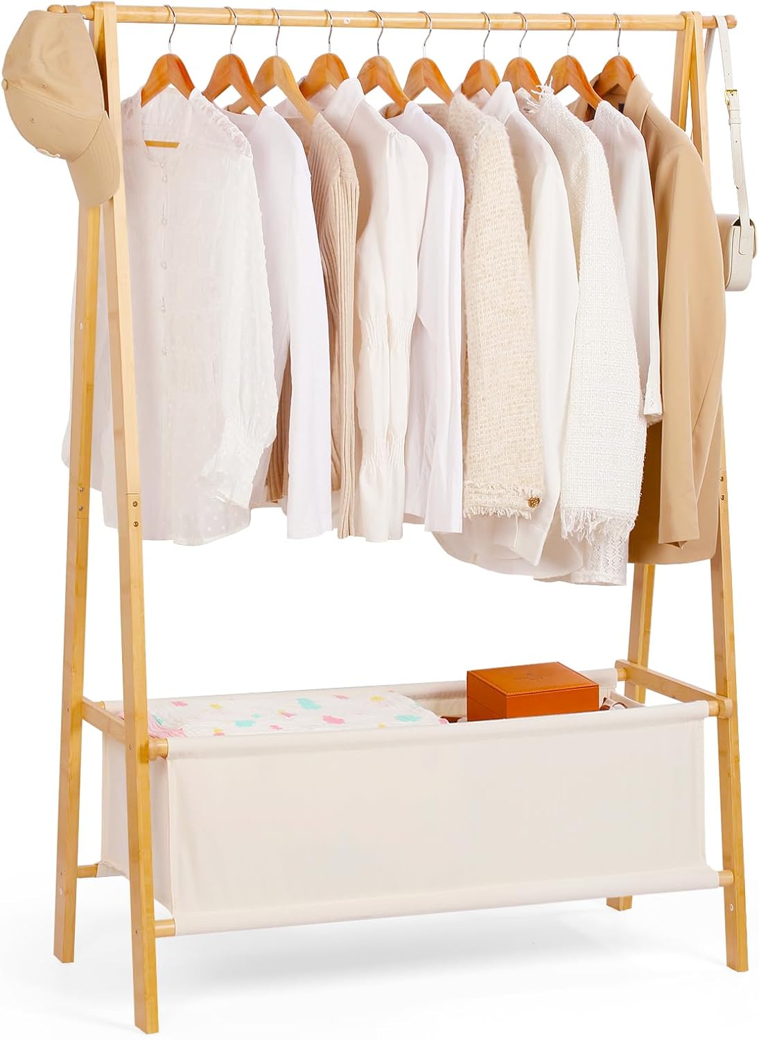 Bamboo Clothes Rack with Storage Box, Portable Extra Large Garment Rack Clothing, Foldable Wardrobe For Entryway and Bed Room (L)