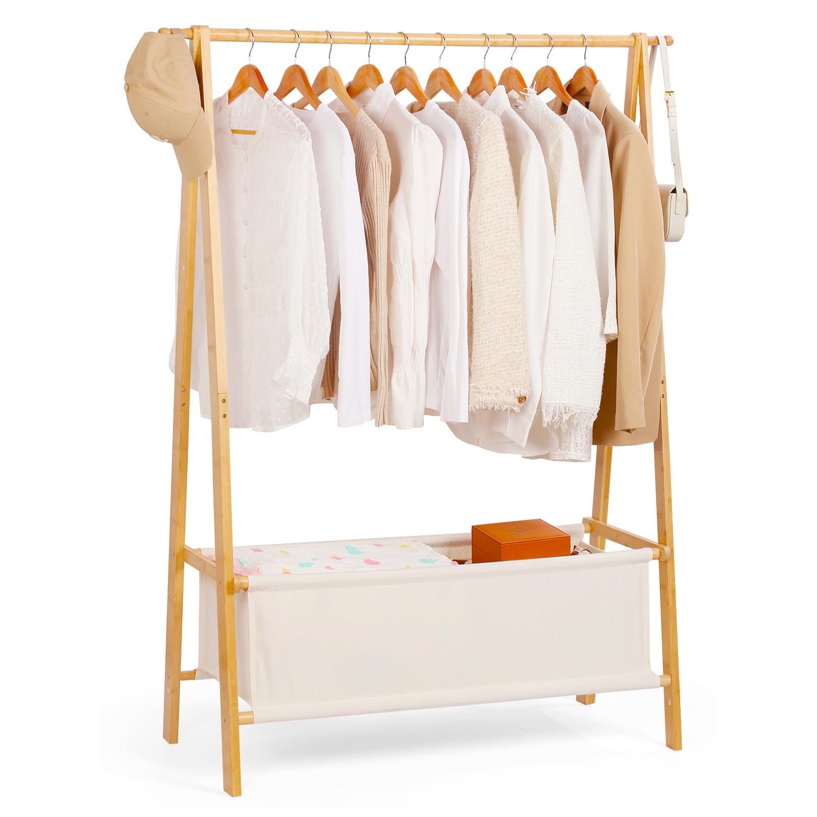 bamboo clothes rack with storage box, portable extra large garment rack clothing, foldable wardrobe for entryway and bed room (l)