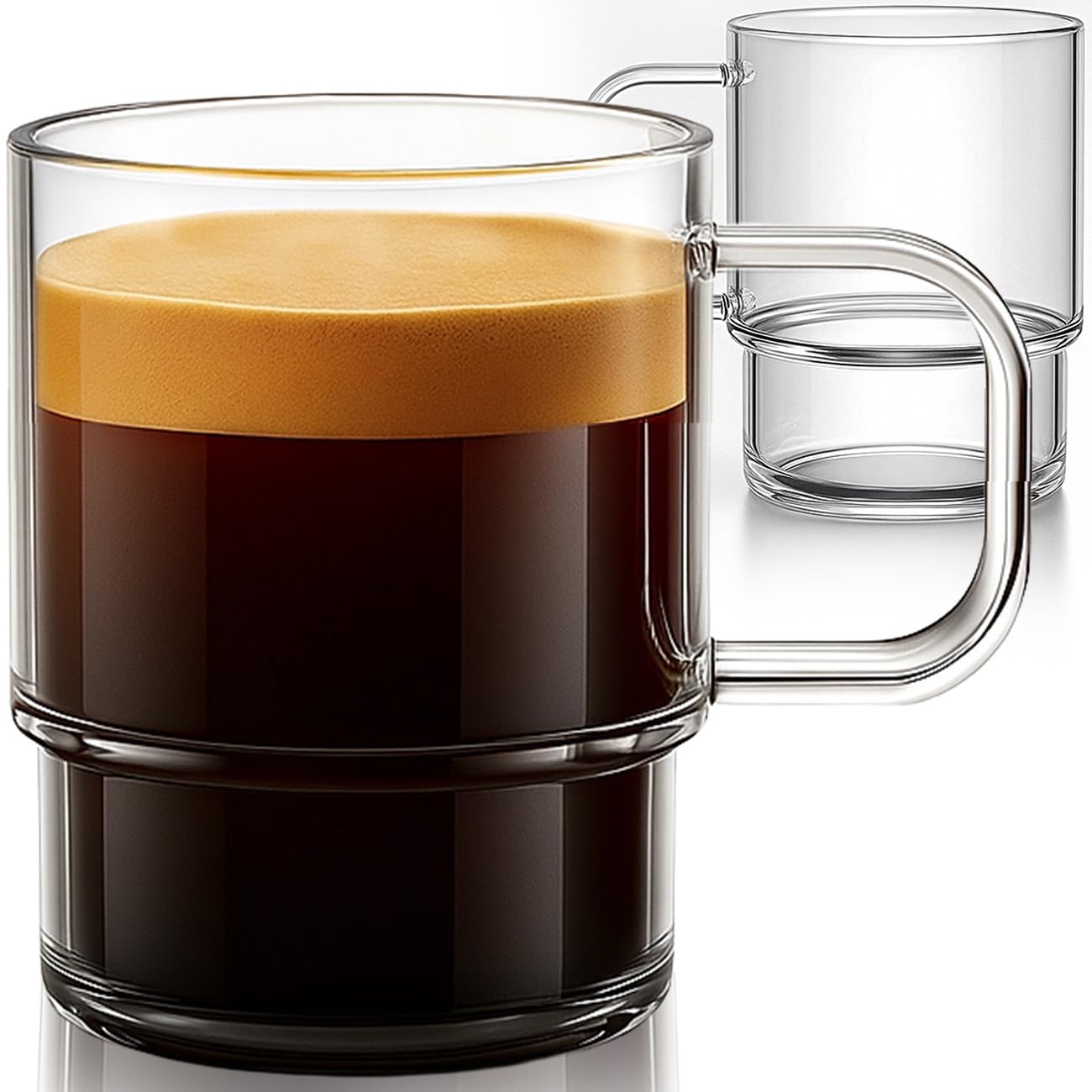 Aquach 18oz Stackable Glass Mugs with Handle, Set of 2 - Large Clear Coffee Cups for Latte, Cappuccino, Mocha, Americano, and Tea