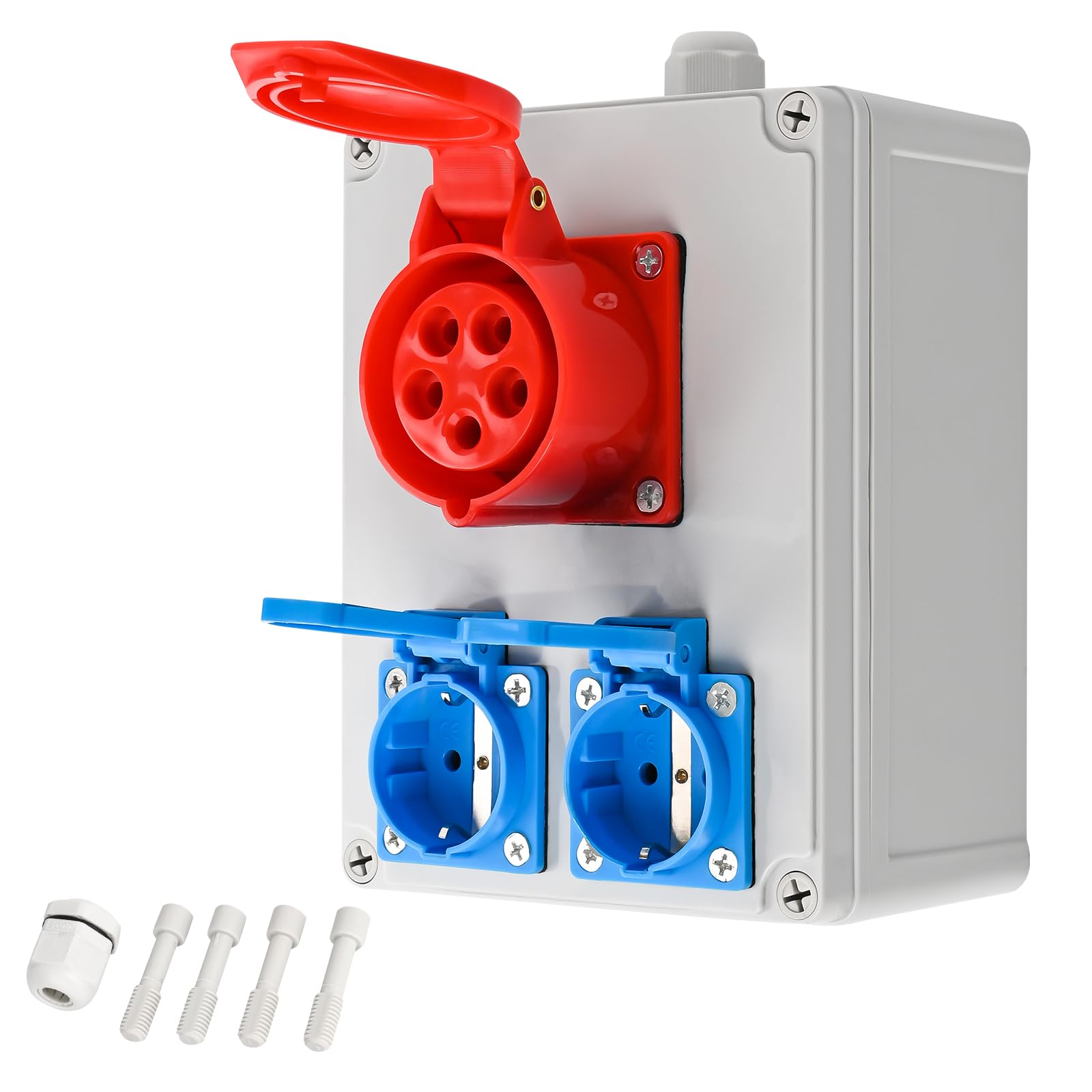 TEOV Kombi Wandsteckdose, CEE-Steckdose 5 polig 16A 400V + 2x Schuko-Steckdose 220V, IP44 Wandsteckdose mit Abdeckung