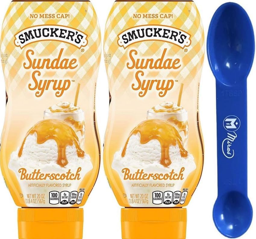 (Pack of 2) Smuckers' Sundae Syrup Butterscotch Flavored Syrup Ice Cream Topping 20 Oz (Miras Trademark 2-in-1 Measuring Spoon Included!)