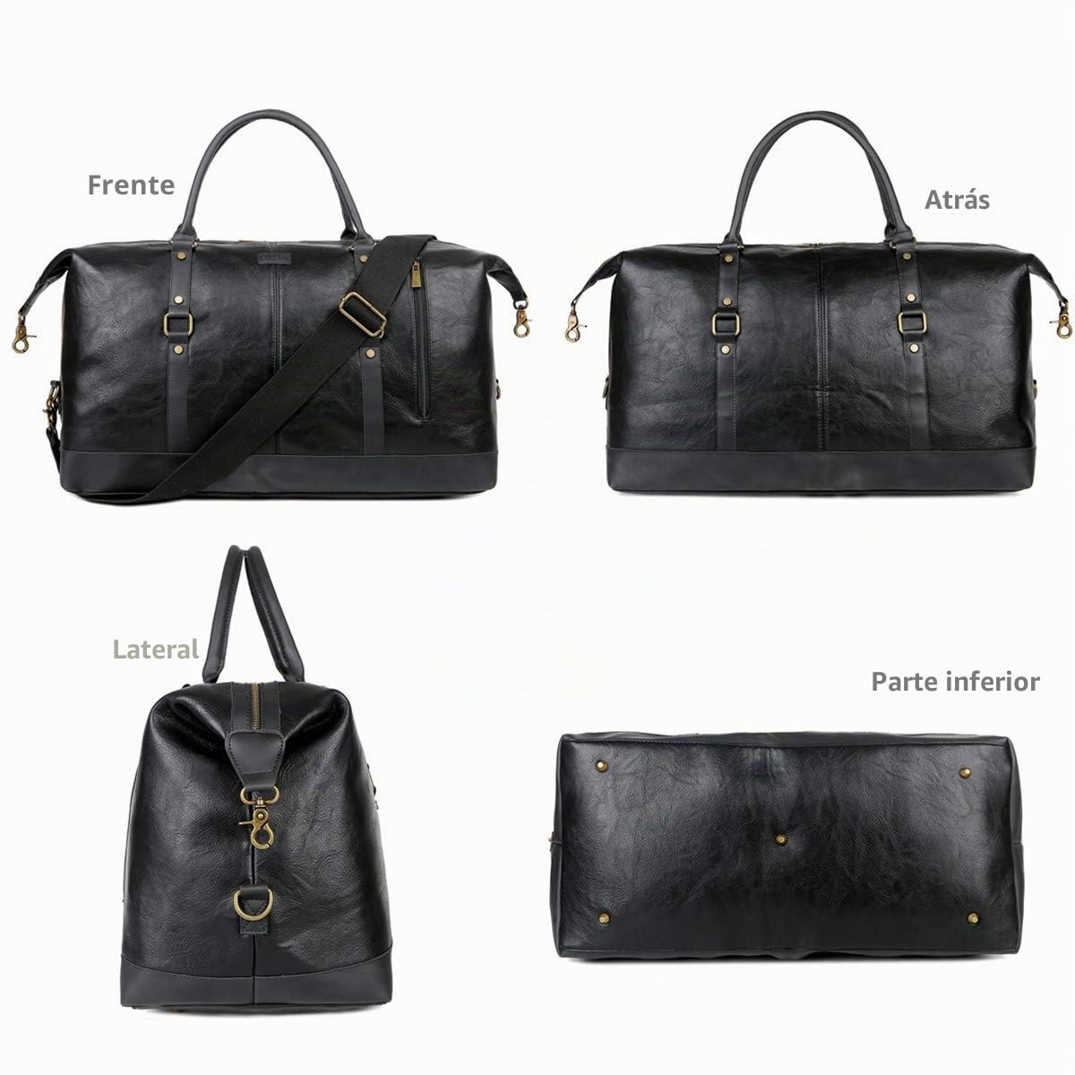 BAOSHA Bolsa de viaje grande de cuero para hombre, equipaje de mano, bolso de viaje, bolsa de viaje para fin de semana HB-14, Negro , L