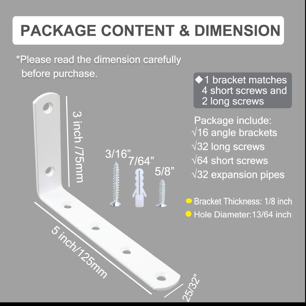 Shelf Brackets 16pcs Corner Brace White Steel L Brackets for Shelves 5 Inch x 3 Inch Decorative Corner Brackets for Wall Joint Angle Brackets for Shelf with Screws (White-3x5 inch-16pcs)