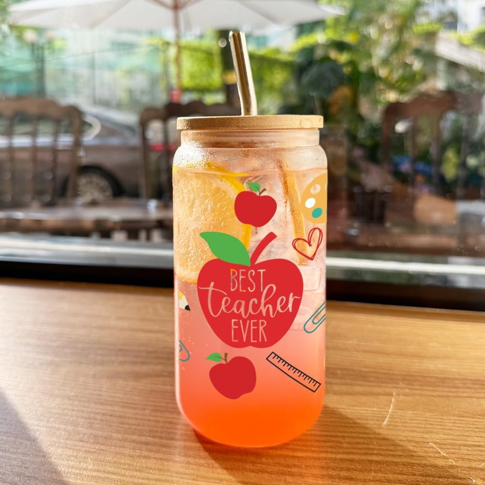 Best Teacher Ever Appreciation Gifts for Women,Apple Pencil Teacher Gifts for Christmas Birthday,First Day of School Gift Back to School Thank You Teachers Glass Coffee Cup with Lids and Straws-92 - Image 5