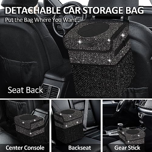 Image of Cute Mini Car Trash Bag with Lid, Glitter Garbage Can Bin Hanging for Back /Front Seat /Console, Waterproof, Leakproof, 2.5 Gallon, Black Bling Sparkly