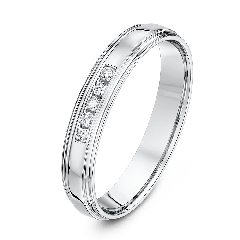 Theia Anillo de Boda en Oro Blanco de 9k de 4 mm, Forma de Corte con Montura en Canal de Diamante Redondo de 0,1 ct