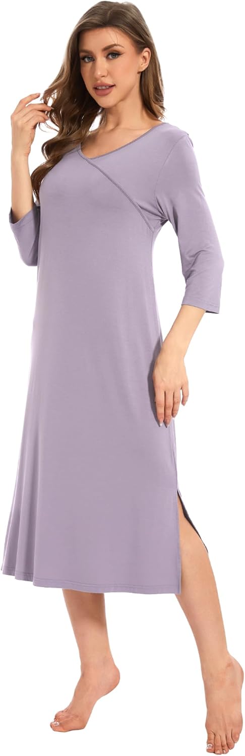 GYS Viscose Long Nightgown for Women, 3/4 Sleeves V Neck Sleep Dress Soft Lightweight Sleepwear Ladies Nightdress - Image 4