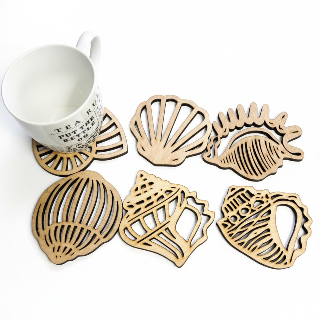 Shell Coaster Set - Set of 6 Wooden Coasters Beach, nautical, coastal homeware gift
