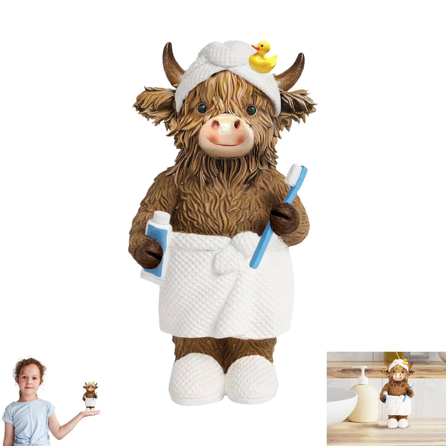 Highland Cow Bathroom Figurine Ornaments with Bathrobe Standing Resin Cute Highland Cows Figurines Accessories for Shelf Countertop Funny Scottish Cow Statues Decorations for Home Bathroom Toilet (A)