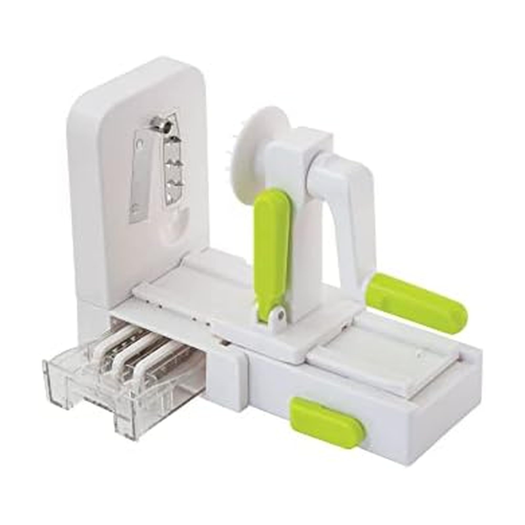Professional Foldable Fruit And Vegetable Spiralizer Slicer Easy Store Fold And Lock With 4 Blades And Built In Blade Storage Caddy, White