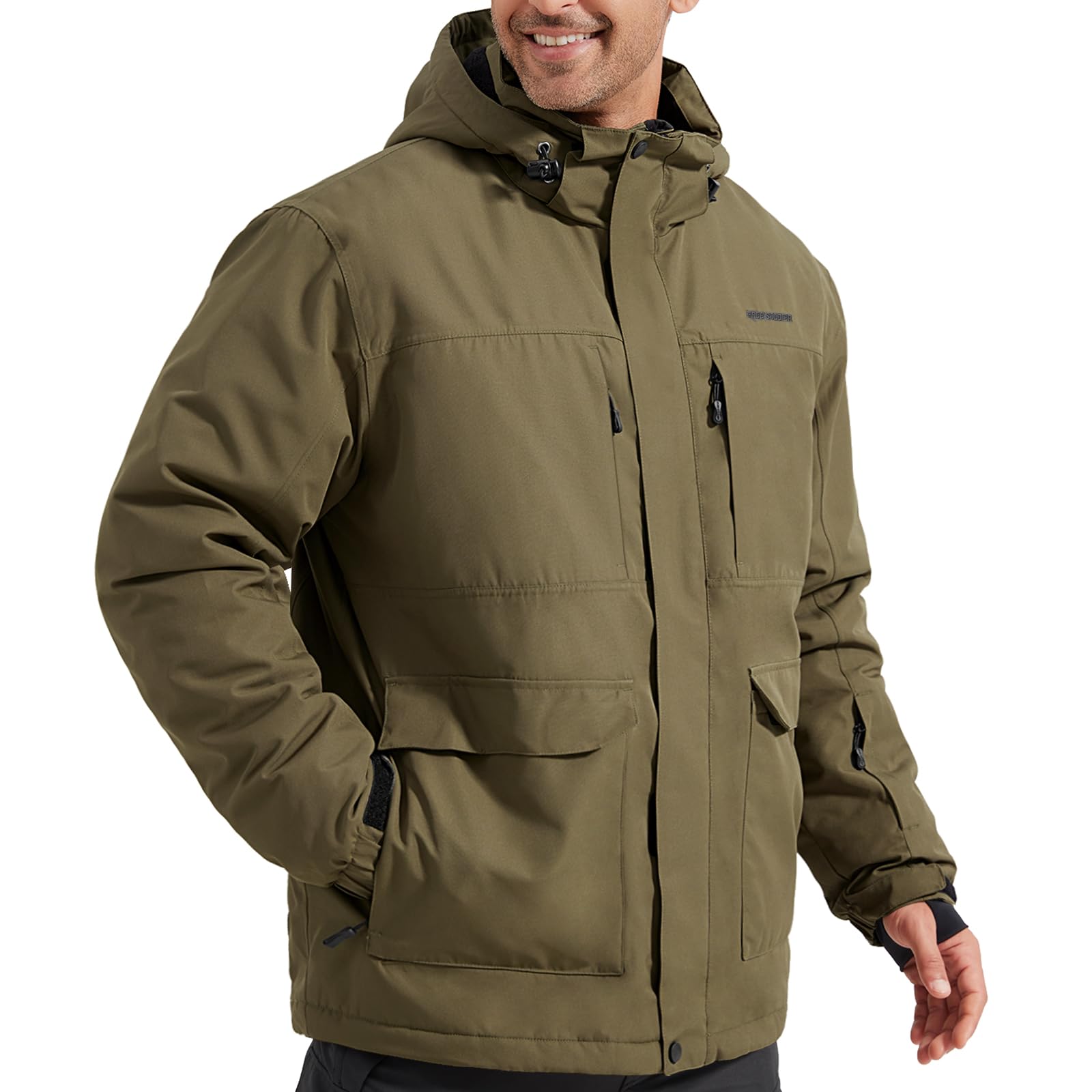 FREE SOLDIER Chaqueta de esquí impermeable para hombre, forro polar, abrigo de nieve cálido con capucha y costuras totalmente selladas