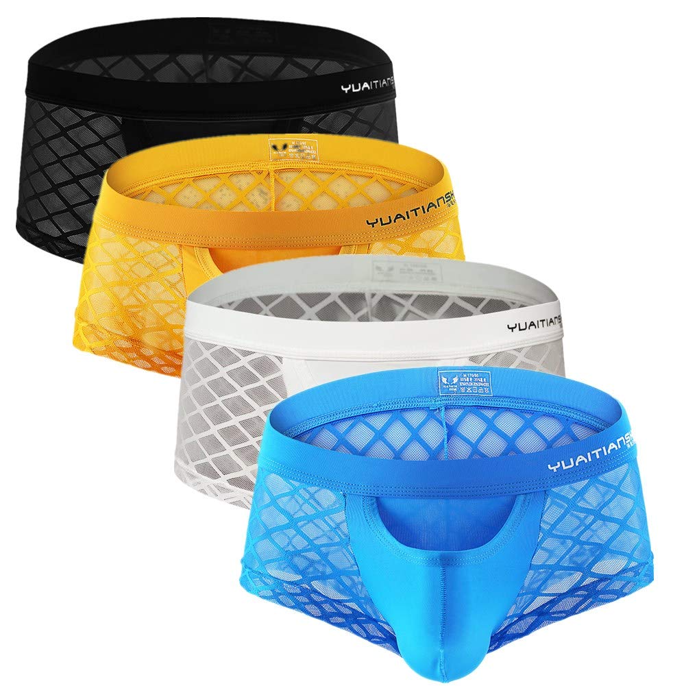 JuflamMen's Sexy Fishnet See Through Underwear Mesh Stripe Boxer Briefs Transparent Trunks