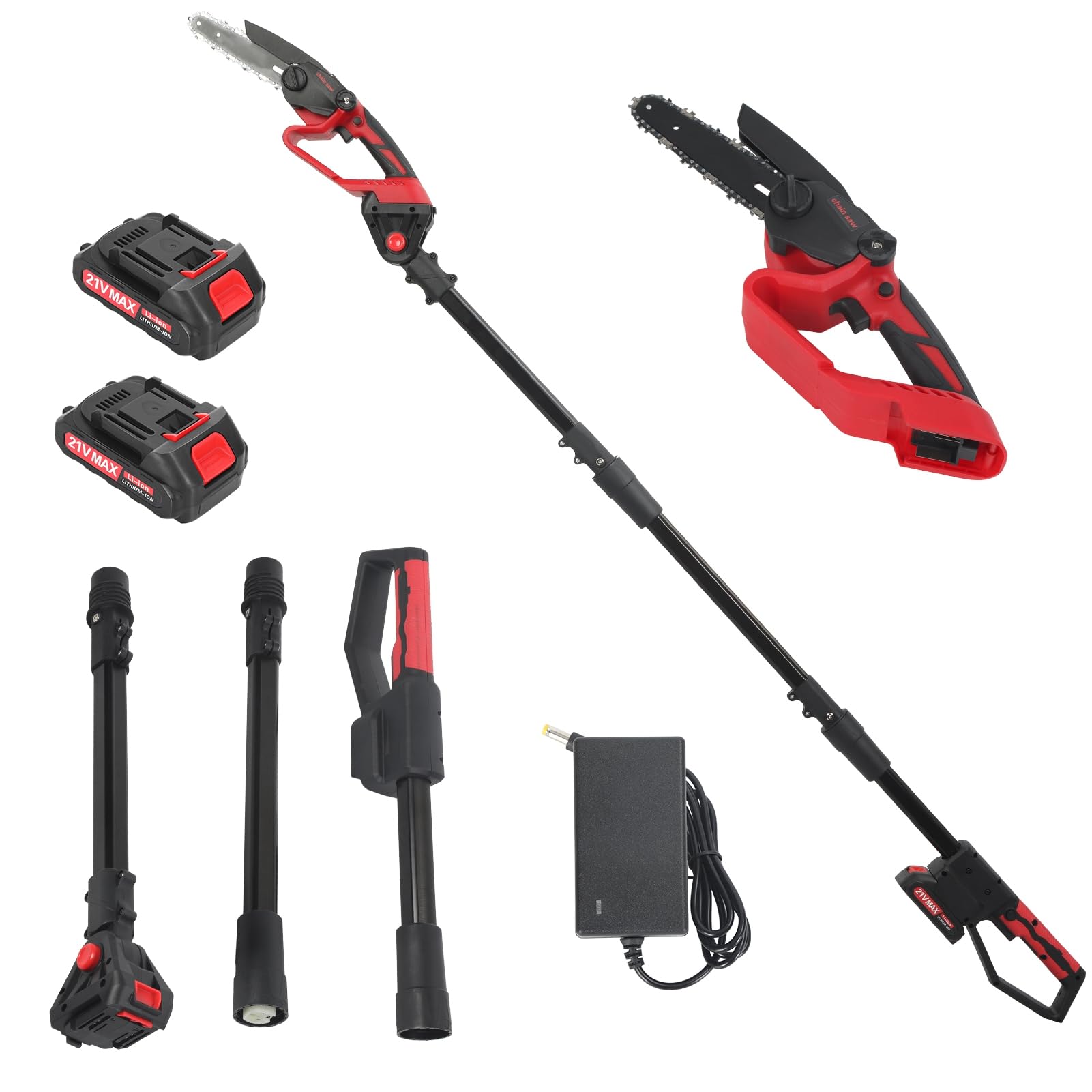 2 in 1 Mini Tronçonneuse et Élagueur sur Perche sans Fil, Tronçonneuse Télescopique de 6 Pouces, 2 Batteries, 180° Tête Inclinable, Portée 12 FT