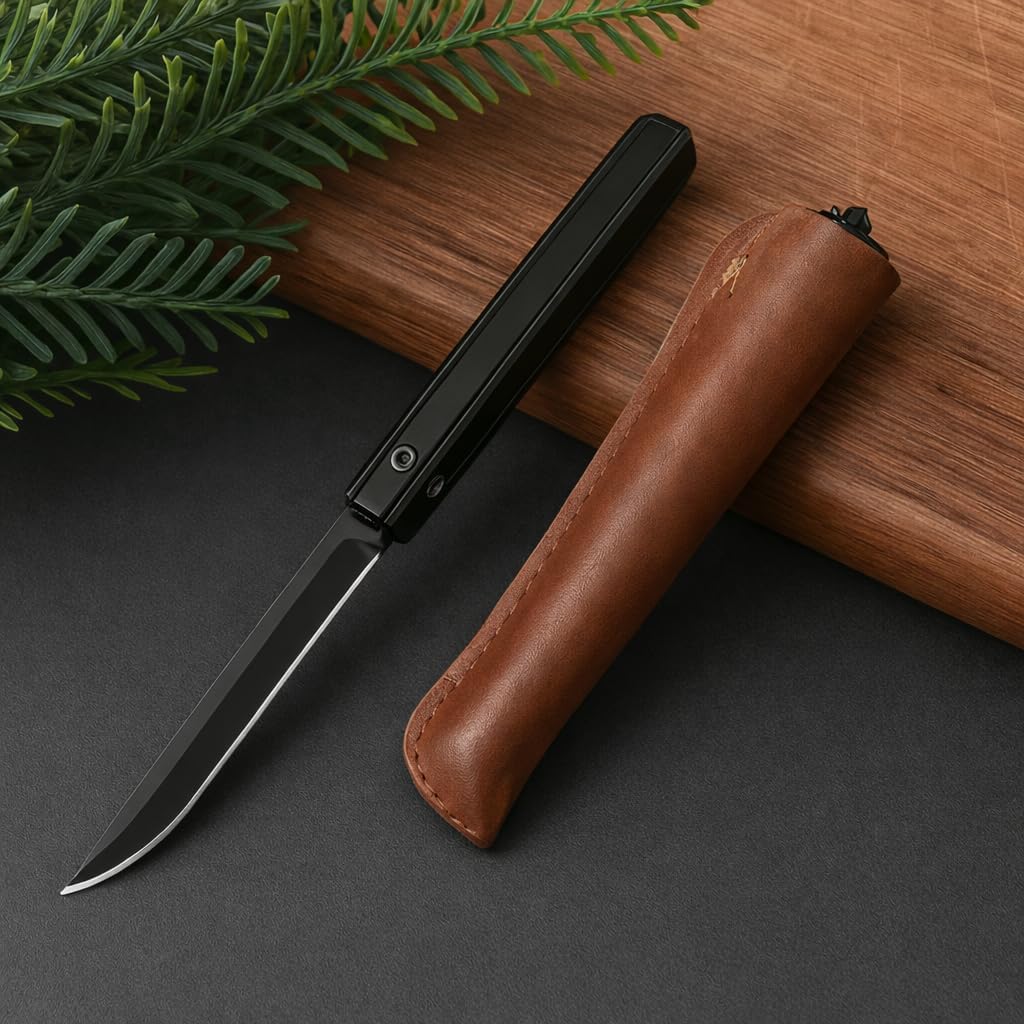 Stainless Steel Knife | Ultra-Sharp with Leather Sheath - Slim Knife for Kitchen Use - Charcoal Black-image-6