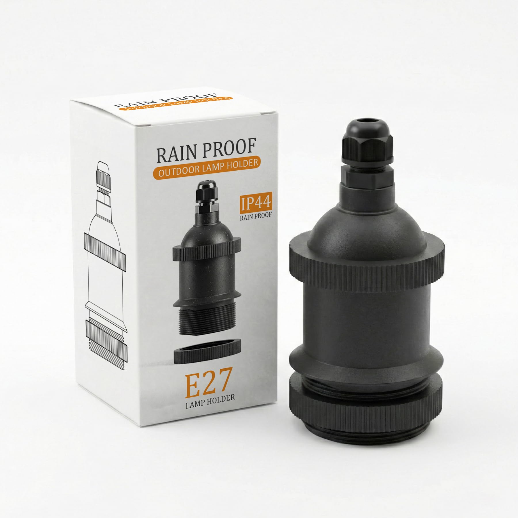 IP44 Waterproof Outdoor E27 Lamp Holder with Cable Connector Weatherproof Pendant Light Socket, Black Plastic Bulb Fitting for Garden & Outdoor Use (Pack of 3, UK)