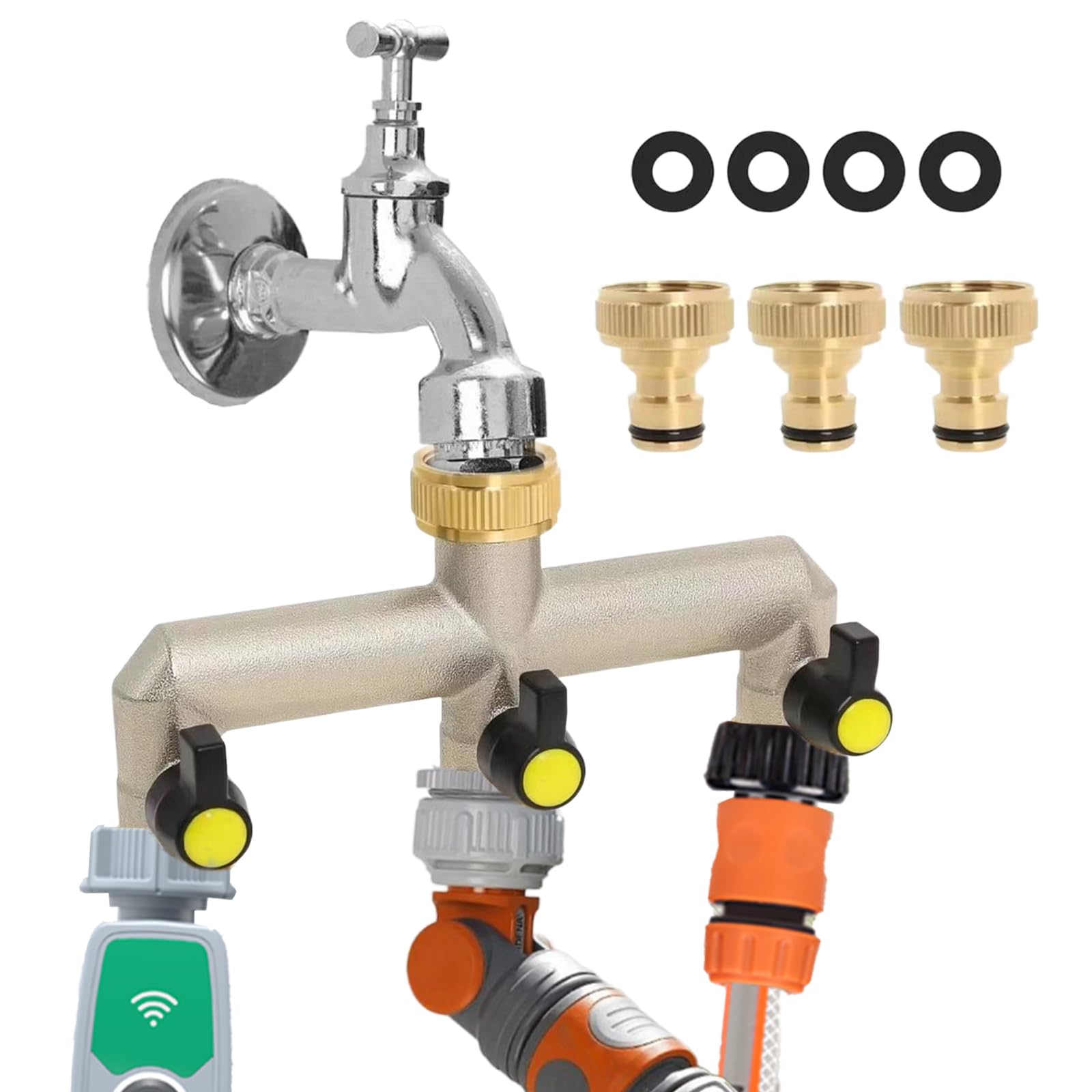 Sdoppiatore Rubinetto Giardino 3 Vie in Ottone, 3/4" Connettore per Tubo Irrigazione da Esterno con Valvole di Apertura/Chiusura Indipendenti, Raccordi Adattatori per Rubinetto Lavatrice