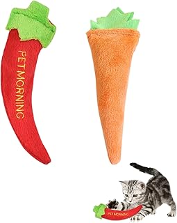 FuninCrea 2PCS Cat Catnip Toys, Interactive Carrot Pepper Shaped Cat Plush Toys, Catnip Pillow for Indoor Kitten Teeth Cleaning Playing Chewing