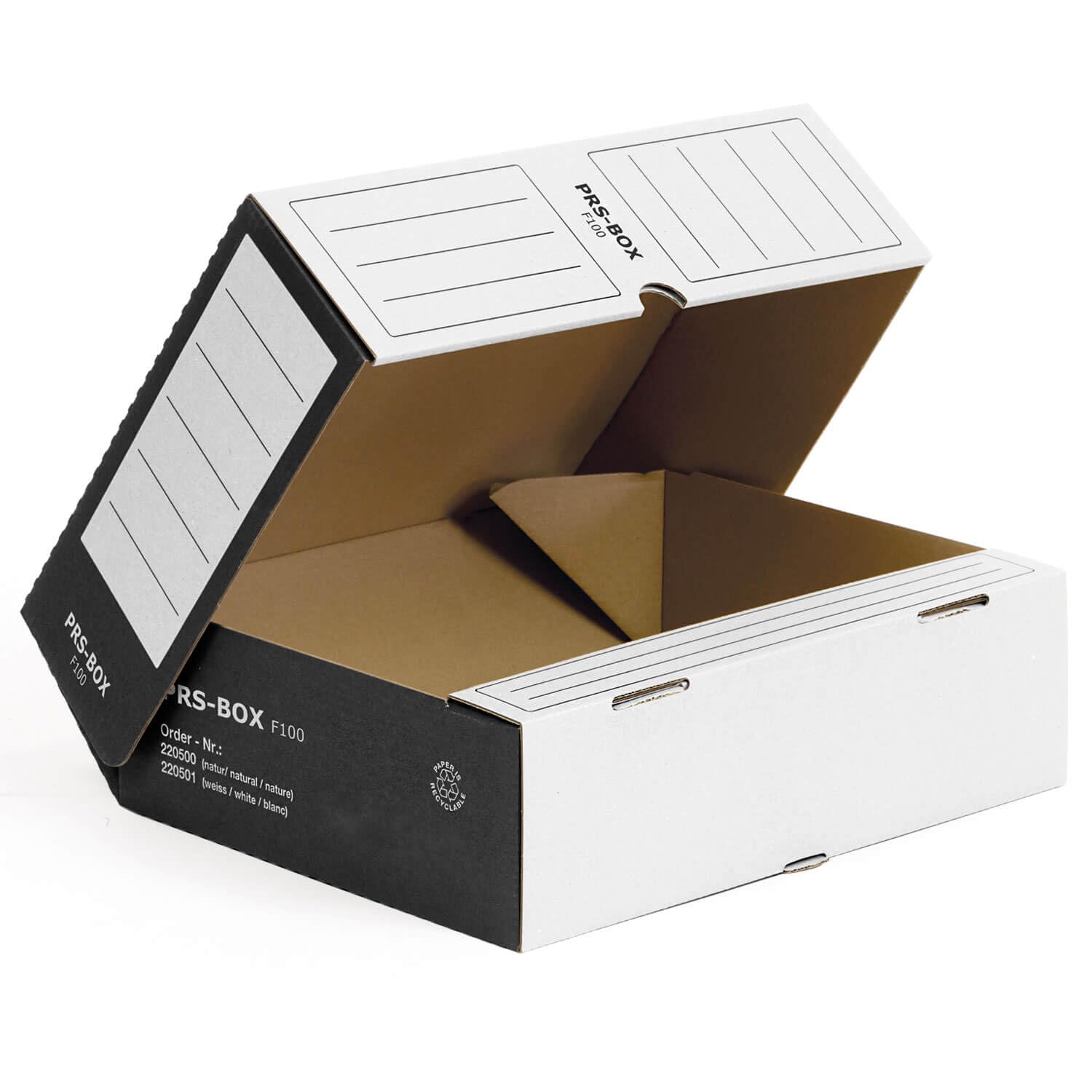 PRS Ablageboxen F100, Weiß/Schwarz, 100mm, 20 Stück | Dokumentenablage, Dokumetenarchiv, Archivbox, ident mit der PRESSEL Ablagebox F100