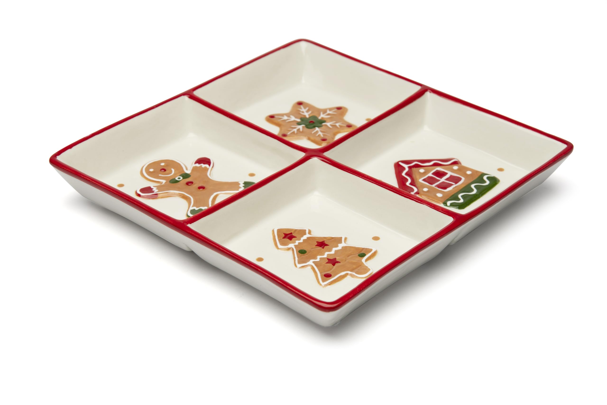 Excelsa Wonderful Ginger Assiette de Noël en céramique 4 compartiments, décoration pain d'épice 20 x 20 cm